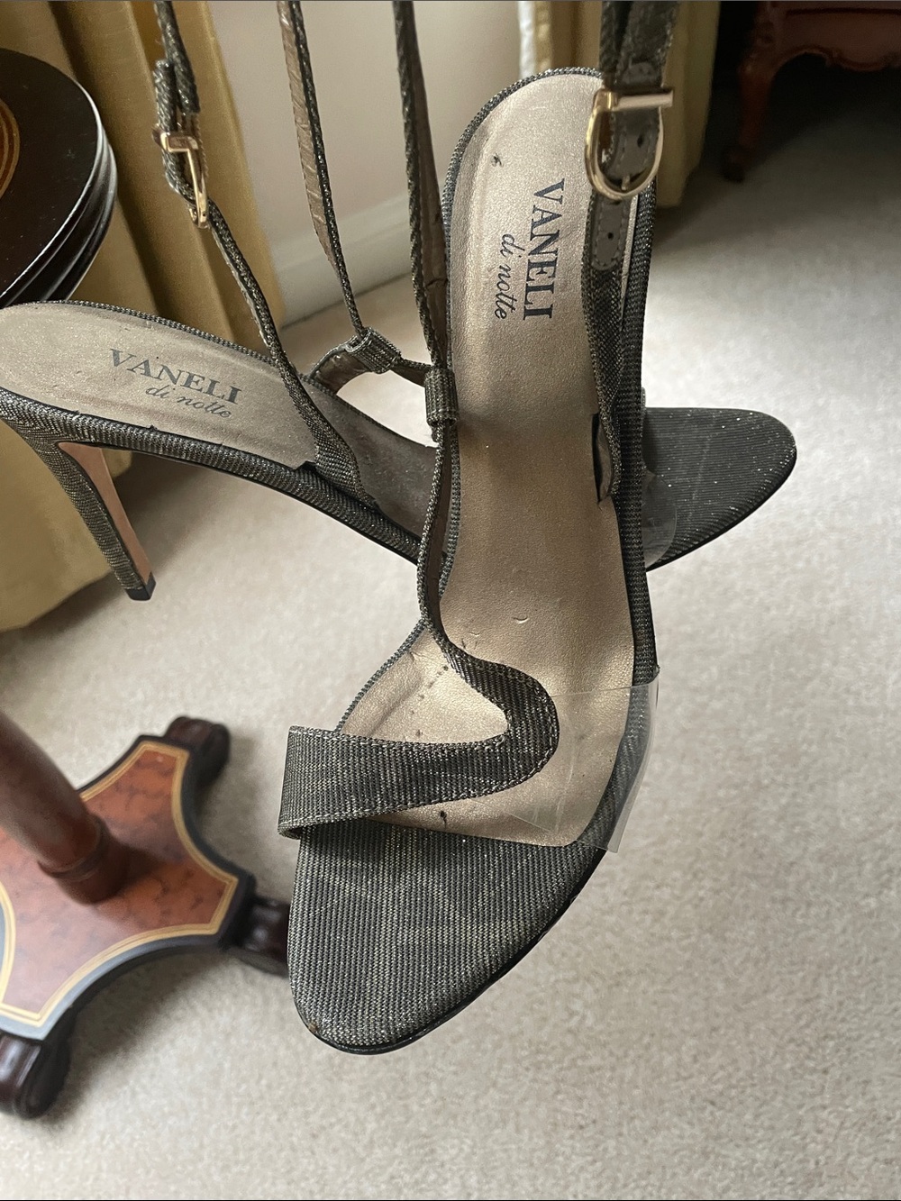 Vaneli Shimmering Gray Open-Toe Strappy Stiletto Sandals